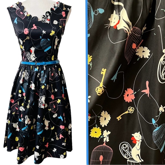 Lindy Bop Daria Birdcage Cat floral Dress scalloped neckline rockabilly pinup 4 - Picture 11 of 11